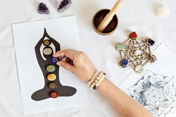 Healing chakra crystal grid therapy. Rituals with gemstones for wellness, healing, meditation,...