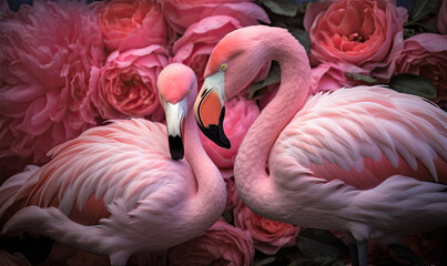 two flamingos with pink roses. Generative AI image.