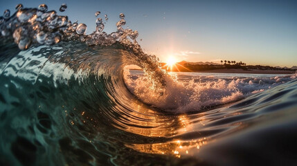 Inside a rolling wave in the ocean as it breaks at sunrise or sunset