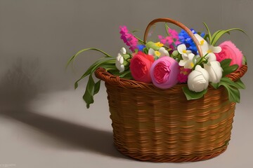 Fototapeta na wymiar white towels and flowers in basket, blank background - generative ai