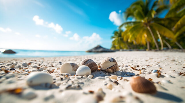 Caribbean beach with white sand and palms with coconuts
