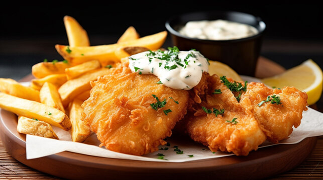 Fish and chips served with tartar sauce