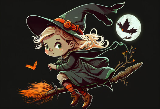 A funny little witch in a cap flies on a fairy broom for a holiday. AI Generated