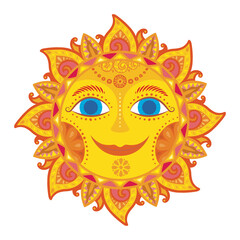 Folkloric style smiling sun with blue eyes 