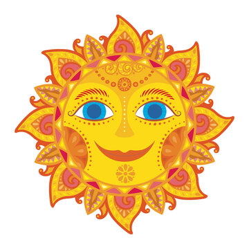 Folkloric style smiling sun with blue eyes 