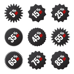 Price tags collection, special offer or shopping discount label with percent, discount percentage value. Black turned retail paper sticker. Promotional sale badge. Vector illustration