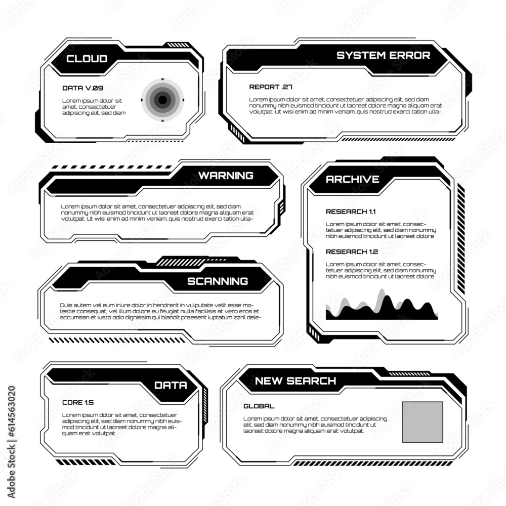 Poster black futuristic hud, ui elements. sci-fi user interface text boxes, callouts. warning message frame