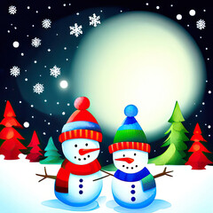 Two happy abstract snowmen in a winter scene with abstract night moon and  copy space digital art