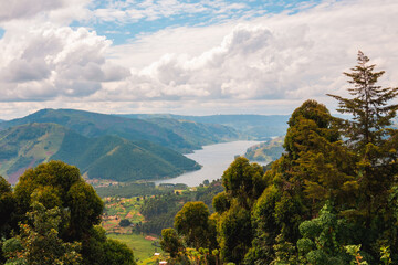 Aerial view of Lake Bunyonyi in Kabale, Uganda