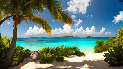 Fototapeta na wymiar tropical caribbean beach with palm tree - generative ai