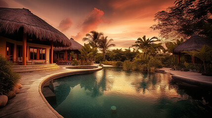 A tranquil tropical resort getaway in golden afternoon light at sunset