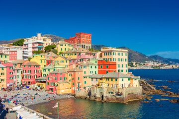 View of the colorful town of Boccadasse by the sea, Genoa, Liguria - obrazy, fototapety, plakaty
