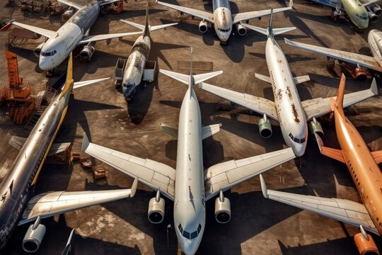 Aerial view showcases a row of broken and unstable airplanes parked, evoking a sense of abandonment and disrepair. Generative AI