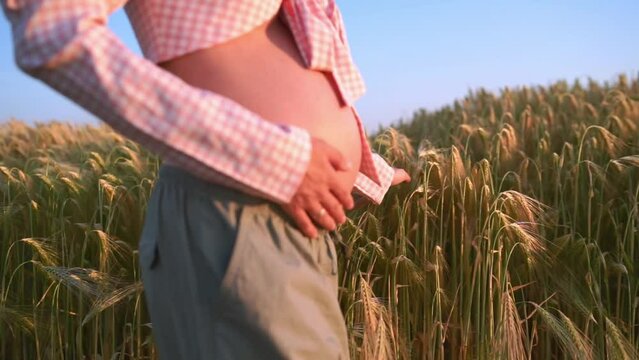 Pregnant Woman with naked belly  walking in a Field while Holding Her Belly.Future mother relaxing in nature, concept of motherhood.Girl touches the grass with her hand at sunset.
