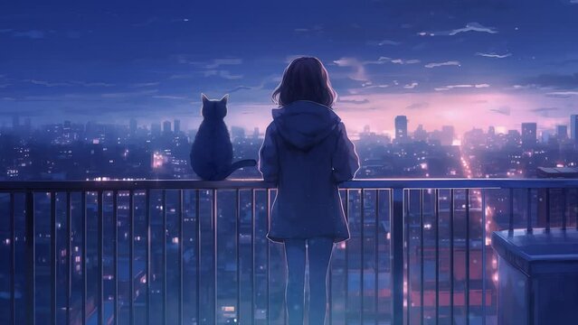 An anime girl is standing on a balcony with a cat and looking up at the sky