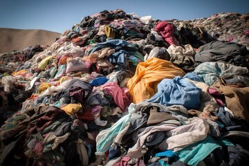 A pile of old clothes discarded in a landfill without recycling. Ai generated. - obrazy, fototapety, plakaty