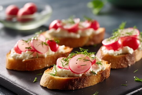 Cheese and radish canapés, with whole wheat French bread.