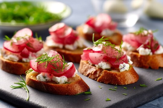 Cheese and radish canapés, with whole wheat French bread.