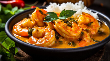 Coconut shrimp curry served with rice, creamy shrimp curry