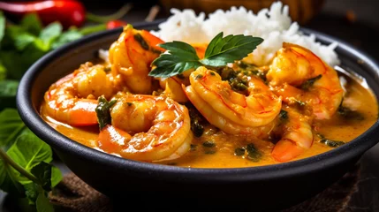 Papier Peint photo autocollant Manger Coconut shrimp curry served with rice, creamy shrimp curry