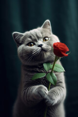 Cute British Short Hair Cat holds a rose. Birthday card. Generative AI.