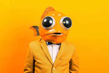 In an orange studio, a man confidently poses in a suit with a unique and eccentric fish head hat, showcasing his creative fashion style.