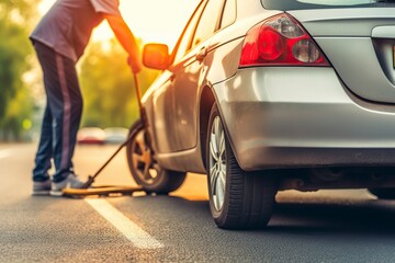 On the road, a driver is changing a flat tire of their car, seeking roadside assistance. AI Generated.
