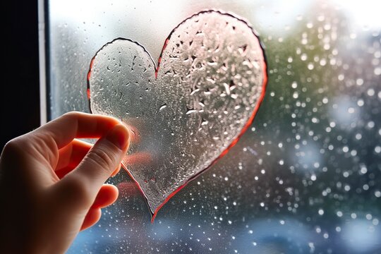 On a rainy day, a nostalgic person in love expresses their emotions by drawing a heart with mist on the window. AI Generated.
