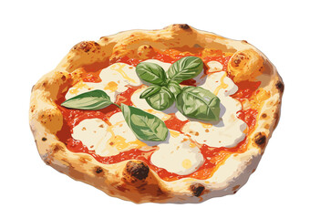 neapolitan pizza with big fluffy crust and with fior di latte and basil, vector, illustration