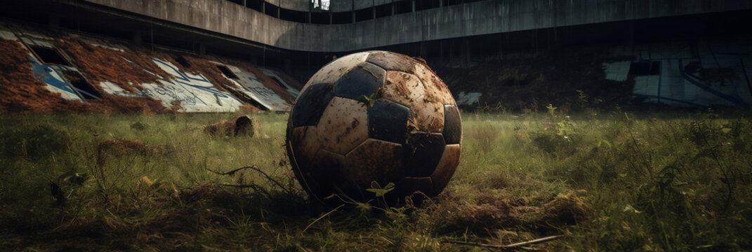 An abandoned stadium where a worn,out soccer ball lies motionless on an overgrown grassy field, The peeling paint and deserted surroundings add to the melancholic atmosphere, Generative AI