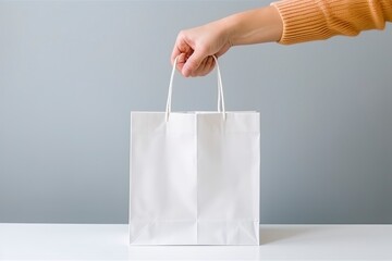 Woman's hand holds a blank white paper bag.