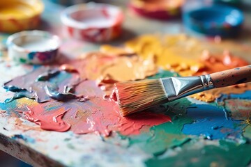 Fototapeta premium The palette comes alive as the brush creates vibrant brushstrokes of many colors