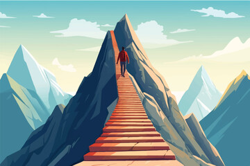 cartoon vector illustration of Mountain Ascent, Businessman races up stairway towards pinnacle of success