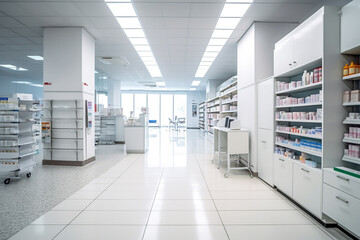 Pharmacy interior,, inside an empty pharmacy