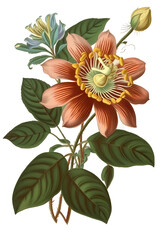 Scientific illustration of a passion flower in full bloom, png, isolated