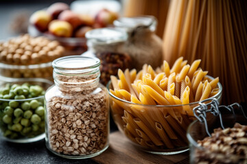 fibre food on the kitchen table, pasta ingredients