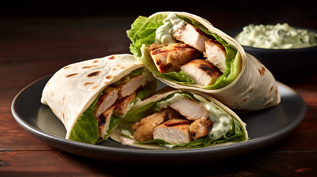 Grilled chicken Caesar wrap with crunchy romaine lettuce