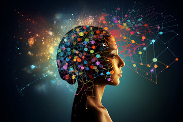 Human head face logo, creative brain. Neural network data processing - obrazy, fototapety, plakaty
