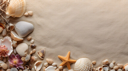 Fototapeta na wymiar a group of seashells and rocks on sand