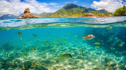 Fototapeta na wymiar coral reef and clear blue sea, coral reef visible underwater and a mountain in the background