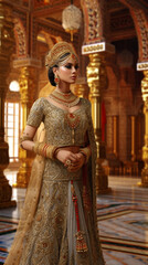 Obraz premium Indian Lady Walking in a palace, golden dress Indian Bride in a wedding hall