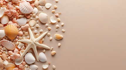 a group of seashells and rocks on sand