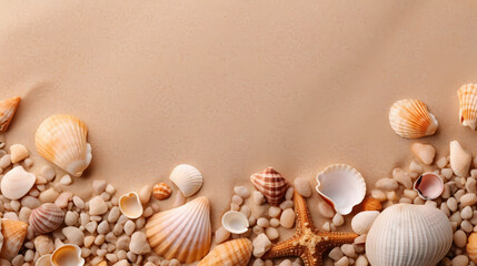 a group of seashells and rocks on sand