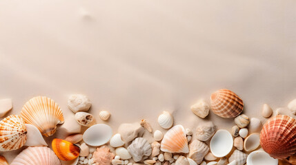 sandy beach background seashells copy space sea vacation concept