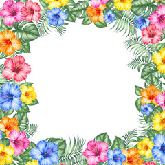 Watercolor hibiscus frames. Tropical floral illustration