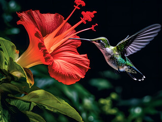 a hummingbird flying near a flower, in the air with its wings spread out and its wings spread wide open, with a blurry background of red flowers in the foreground. generative ai
