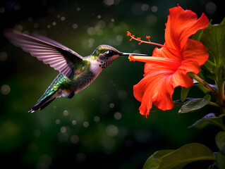 a hummingbird flying near a flower, in the air with its wings spread out and its wings spread wide open, with a blurry background of red flowers in the foreground. generative ai