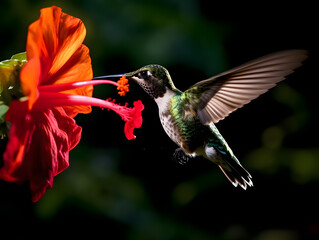 a hummingbird flying near a flower, in the air with its wings spread out and its wings spread wide open, with a blurry background of red flowers in the foreground. generative ai