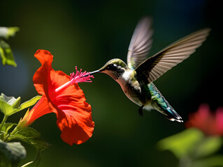 Fototapeta na wymiar a hummingbird flying near a flower, in the air with its wings spread out and its wings spread wide open, with a blurry background of red flowers in the foreground. generative ai
