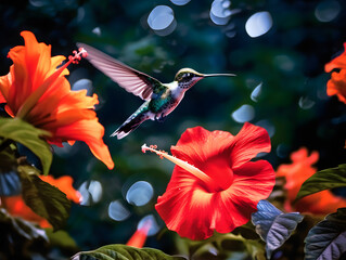 a hummingbird flying near a flower, in the air with its wings spread out and its wings spread wide open, with a blurry background of red flowers in the foreground. generative ai